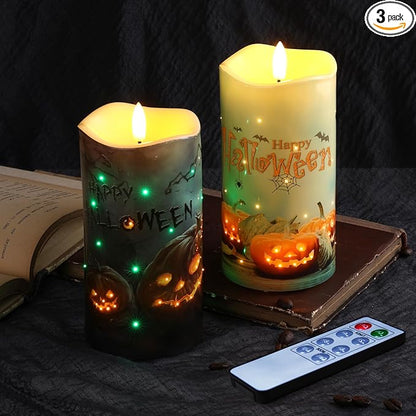 Eywamage Fiber Optic Halloween Flameless Candles, Spooky Pumpkin LED Pillar Candles with Remote, Battery Operated, Set of 2