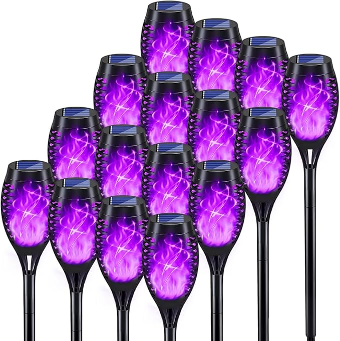 KYEKIO 16Pack Purple Halloween Yard Decorations Outside, Solar Powered Outdoor Lights with Flickering Flame for Outside Halloween Decorations, Solar Garden Lights Outdoor Waterproof for Patio Decor
