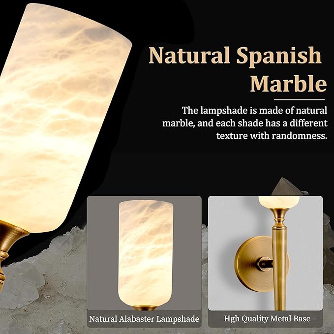 Alabaster Wall Sconce, 22in Modern Spanish Natural Marble Bathroom Vanity Sconces, Unique Indoor Brass Wall Lighting,Gold Fixtures Decor for Bedroom Living Room Staircases