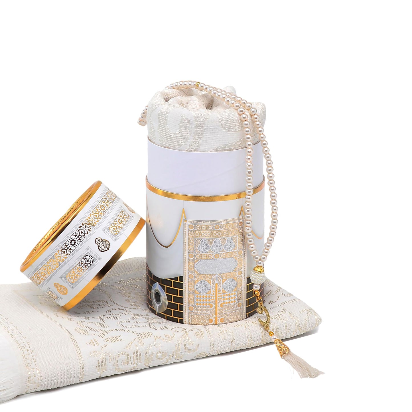 FURKAN Muslim Prayer Rug & Beads Set with Stylish Cylinder Gift Box Janamaz Sajadah Prayer Mat Perfect Islamic Spiritual Gift for Ramadan Islamic, Cylinder Gift Box - Model 2 - White