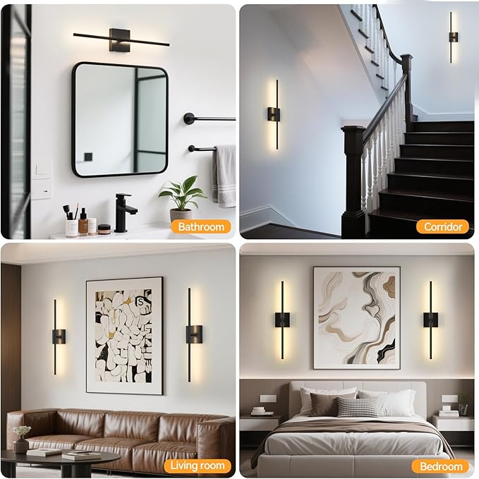 Battery Operated Wall Sconces Set of 2, Wall Sconce with Remote Control, 26.7 Inch 3000K-6000K Dimmable Wireless Rechargeable Sconce,Wall Lights for Bedroom, Living Room, Hallway(Black)