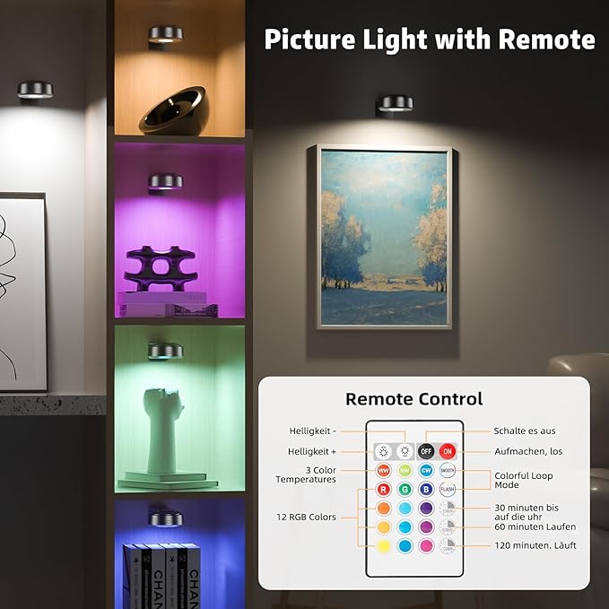 3PCS Picture Lights, Rechargeable Battery Magnetic Poster Lights with 3 Color Temps&12 RGB, Dimmable and Timer Metal Art Light for Display, Wall, Artwork, Gallery (Black)