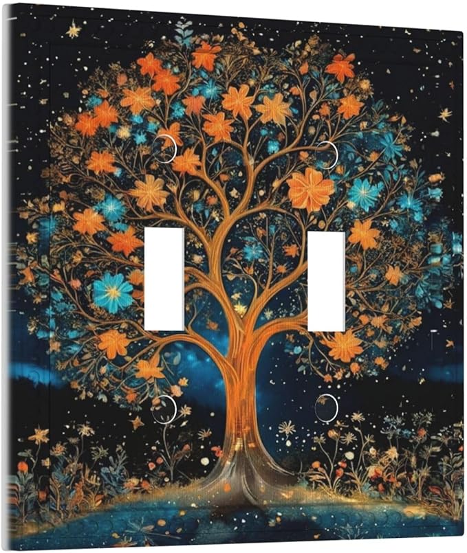 Magical Life Tree in Night Sky Light Switch Covers Double Toggle 2 Gang Wall Plate Dual Decorative Switchplate Electrical Faceplate for Farmhouse Living Room Decor