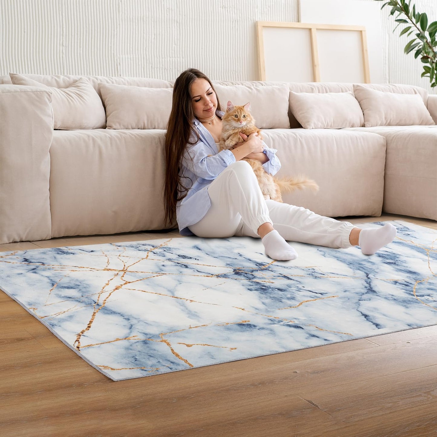 HOISUN Non-Slip Marble Pattern 6x9ft Area Rug with Gold Veins,Low Pile Modern Minimalist Design, Durable & Easy - Clean, Perfect for Living Room, Bedroom, or Dining Room-Blue