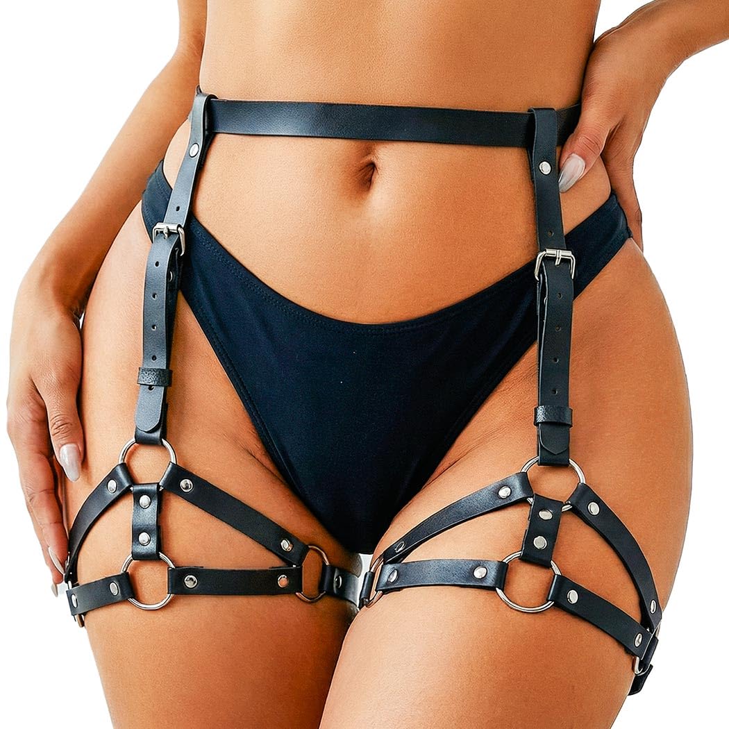 REETAN Leather Thigh Harness Black Rave Fashion Punk Leg Garter Belt for Women