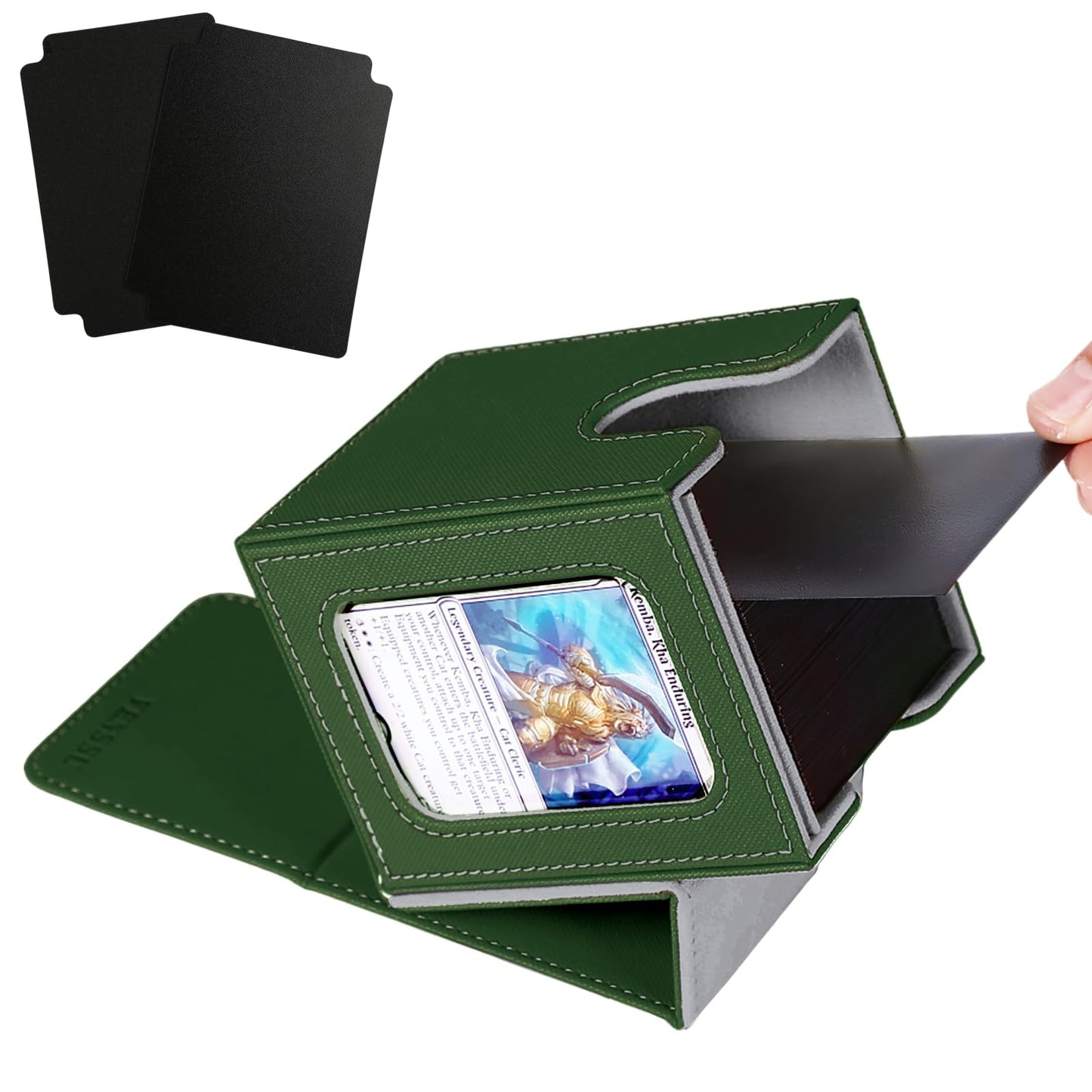 Venssu MTG Deck Box for Commander Display,Card Deck Box Fits 100 Double Sleeved Cards, TCG Card Storage (Green and Grey, 1 window)