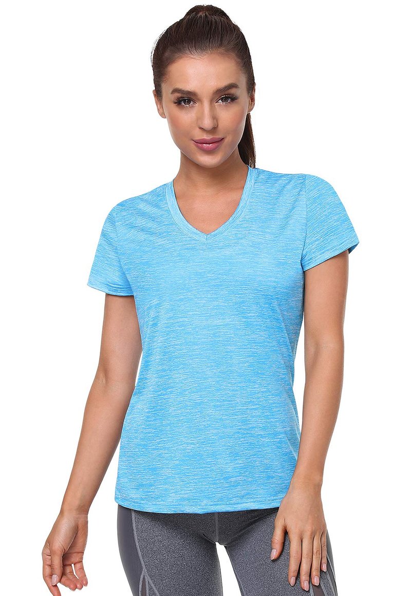Cosy Pyro Women's Short Sleeve V-Neck Athletic T-Shirt Exercise Yoga Tees Dry Fit Gym Shirts Moisture Wicking Workout Tops Pack of 5 Black/Gray/Azure/Rose/Blue L