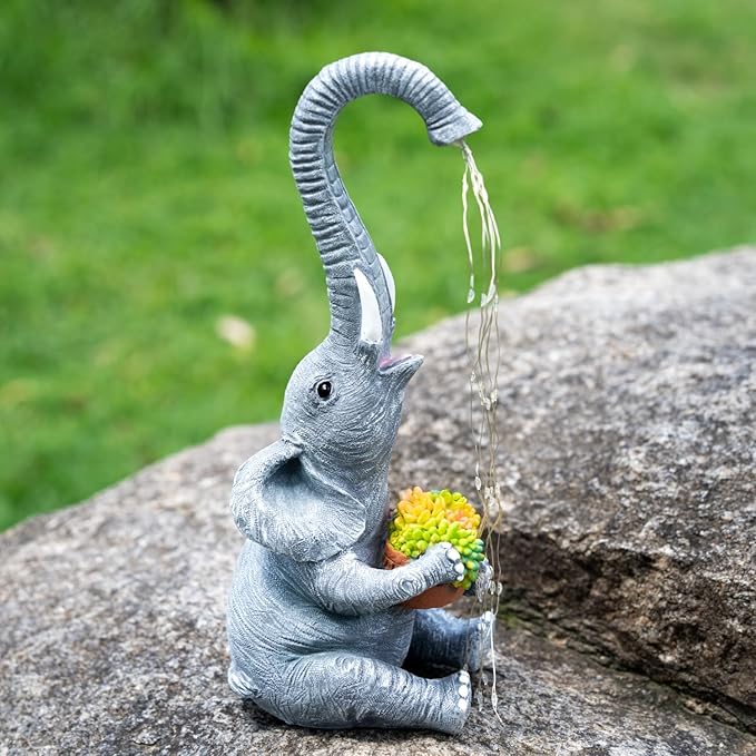 Elephant Garden Statue with Solar Watering Lights, Outdoor Resin Animal Sculpture for Patio, Lawn, Yard – Unique Gift for Women, Mom, Grandma (Grey Succulents)