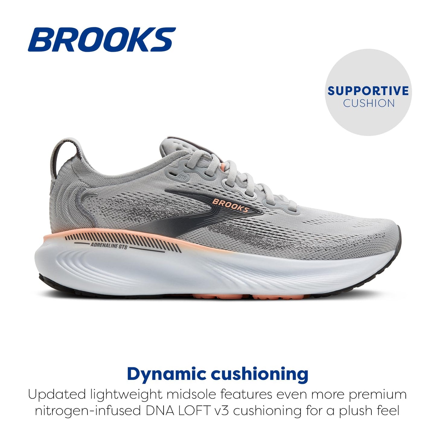 Brooks Women’s Adrenaline GTS 25 Supportive Running & Walking Shoe - Grey/Blackened Pearl/Coral - 5.5 X-Wide