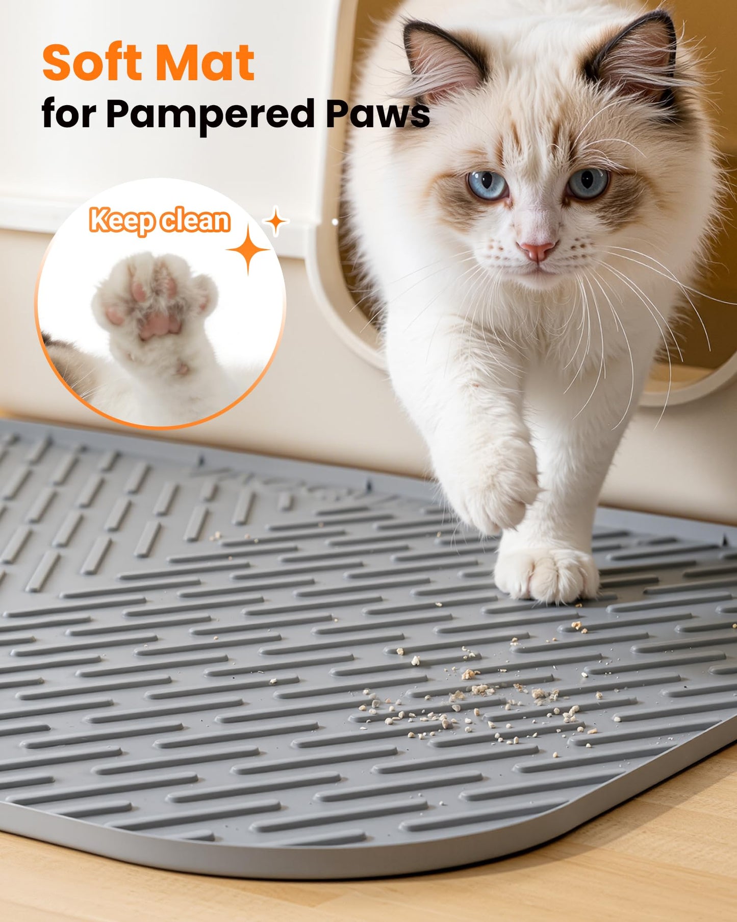 Vacqueen Cat Litter Box Mat, 47" x 37" Extra Large Cat Litter Mat, Silicone Waterproof Litter Trapping Mat for Scatter Control Soft on Kitty Paws Non-Slip Easy to Clean (Grey)