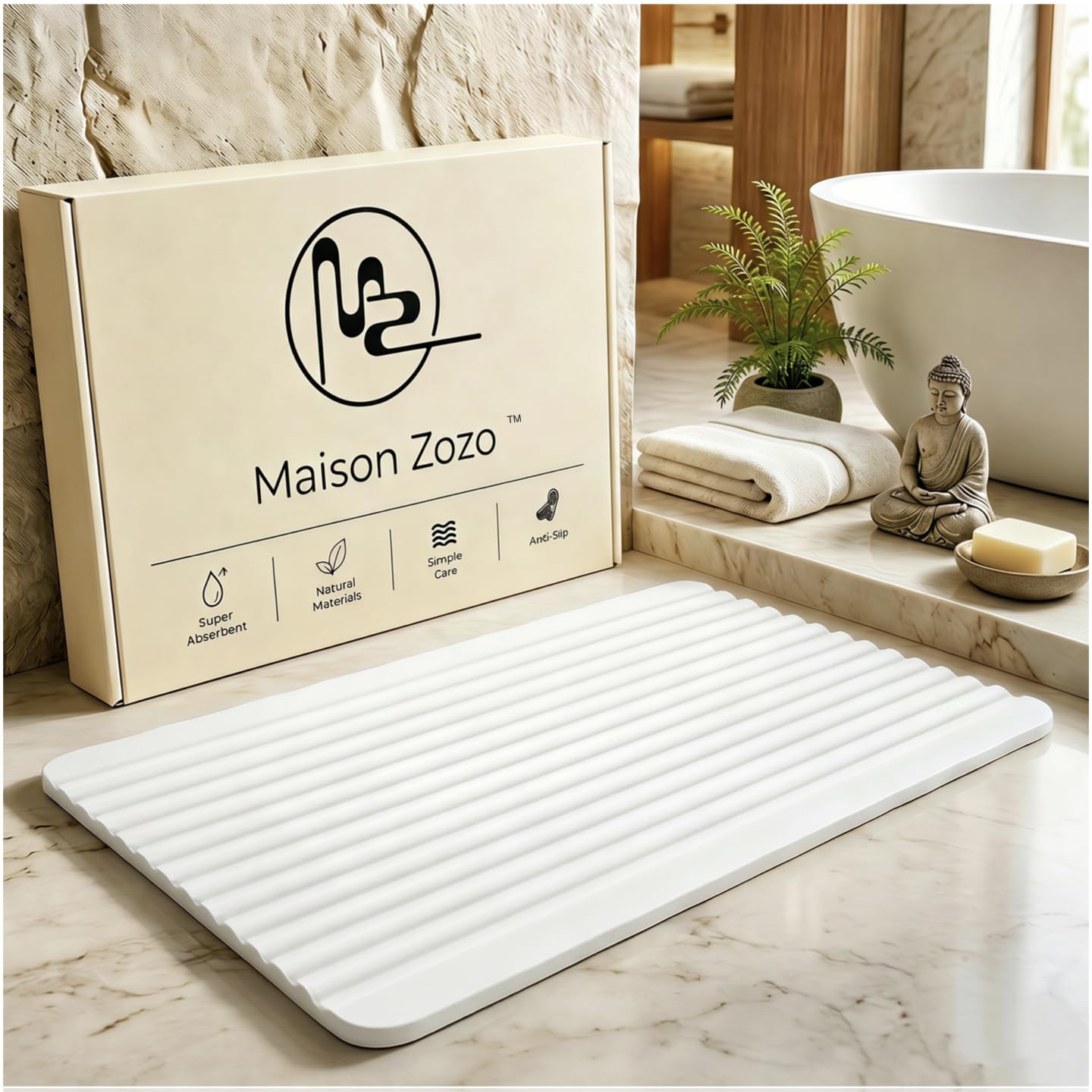 Maison Zozo Stone Bath Mat Diatomaceous Earth Shower Mat Non-Slip Ultra Absorbent Durable Stone Mats for Bathroom/Kitchen Fast-Drying Modern Design Easy to Clean (24''*16'' White)