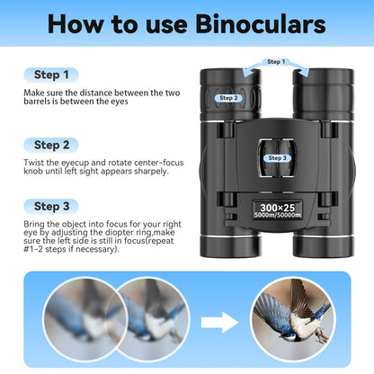 300x25 Binoculars for Adults and Kids, High Powered Mini Pocket Binoculars with Phone Adapter, Waterproof Compact Telescope for Bird Watching, Hunting, Concert, Theater, Opera, Traveling, Sightseeing