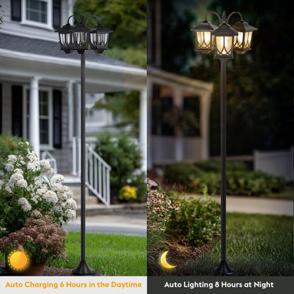 SAKSIAPRO 3-Head Solar Lamp Post Light, 73" Solar Lights Outdoor Waterproof, 60Lm 3000K Pathway Lights for Garden, Lawn, Yard