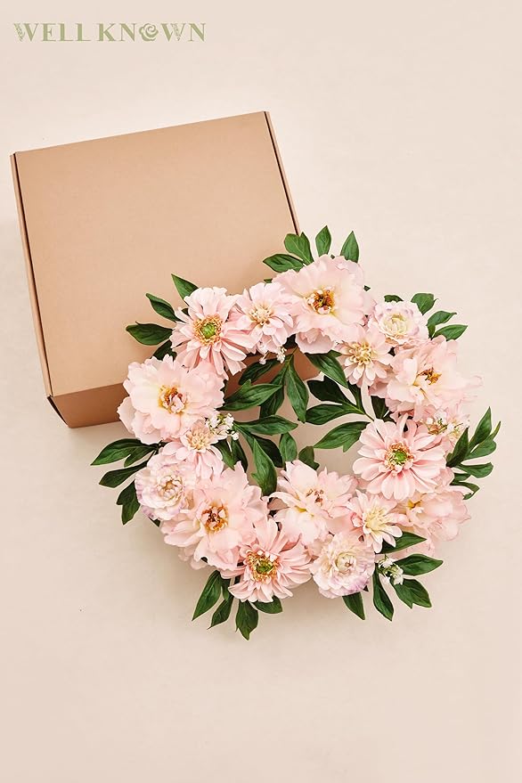 WELL KNOWN Artificial Silk Peony Flower Wreath, Fall Winter Wreaths for Front Door Porch, Wreath for Home Office Shops Wall Hanging Window Wedding Farmhouse Thanksgiving Party Decor (Blush Pink)