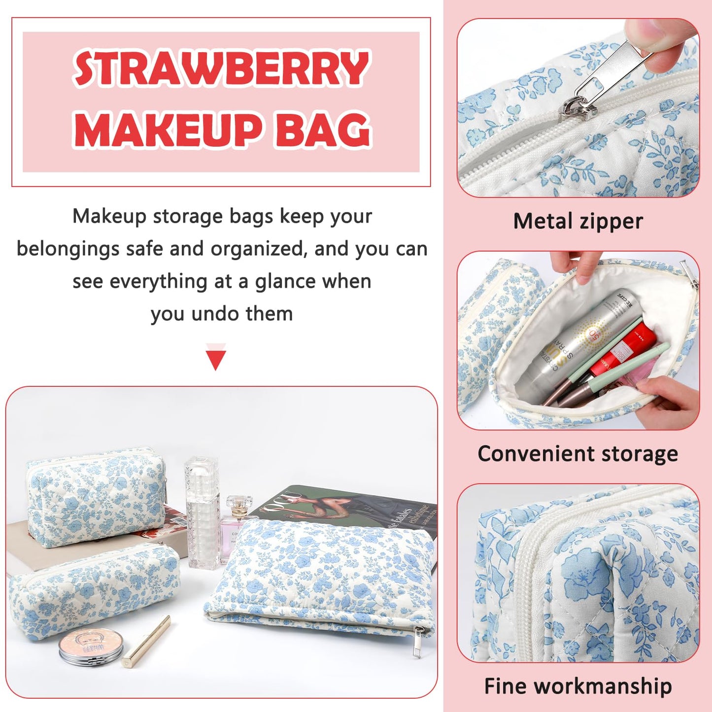 3 Pcs Makeup Bag Cosmetic Bag Set for Girls Women Checkered Travel Organizer Bathroom Toiletry Pouch Large Capacity Storage Bag(Blue Flower)