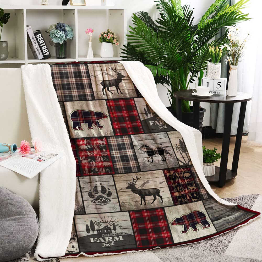 Belperan Wolf Bear and Deer Throw Blanket Rustic Cabin Decor Woodland Blanket Plaid Christmas Blanket Gifts for Women Southwestern Farmhouse Decor for Couch Bed Livingroom