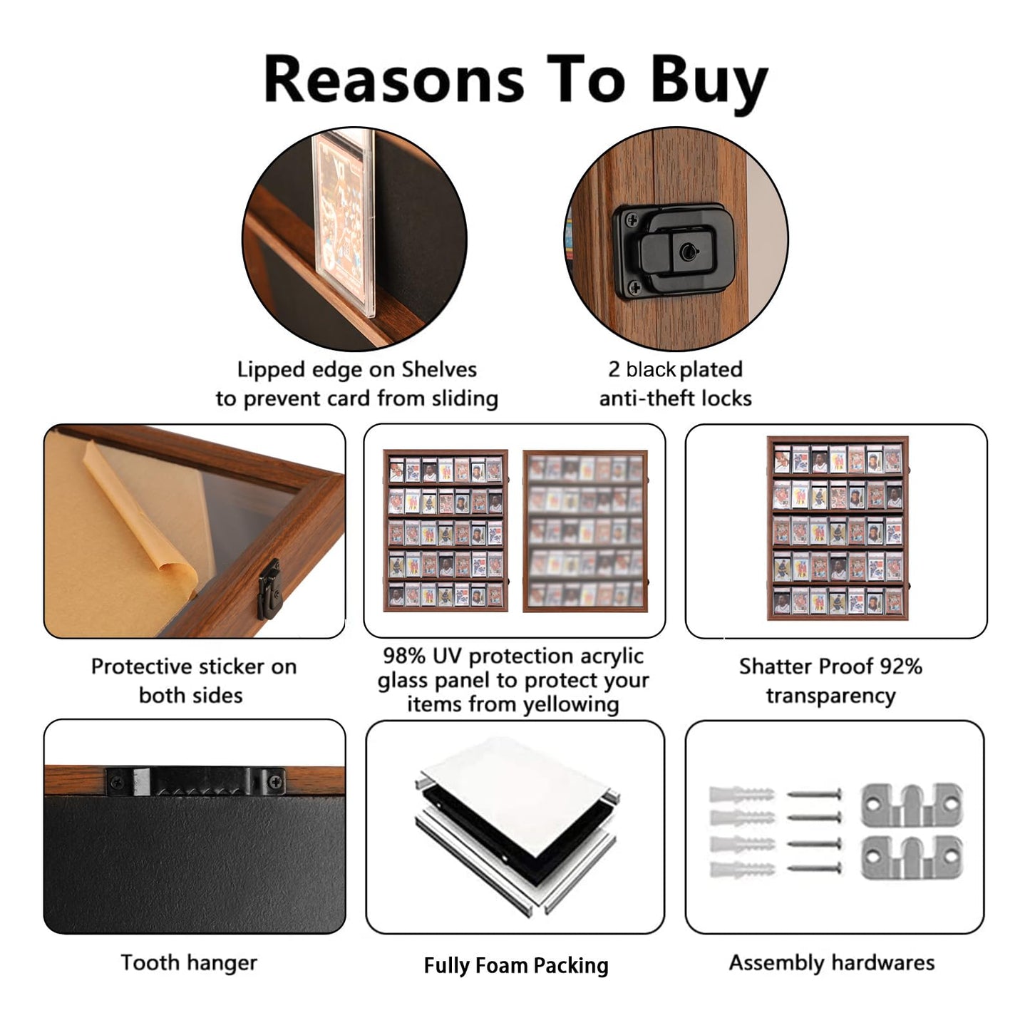 VERANI Baseball Display Case - 35 Graded Sports Card Frame - Holds Cards With UV Protection Clear View Lockable Wall Cabinet for Football Basketball Hockey Trading, Walnut