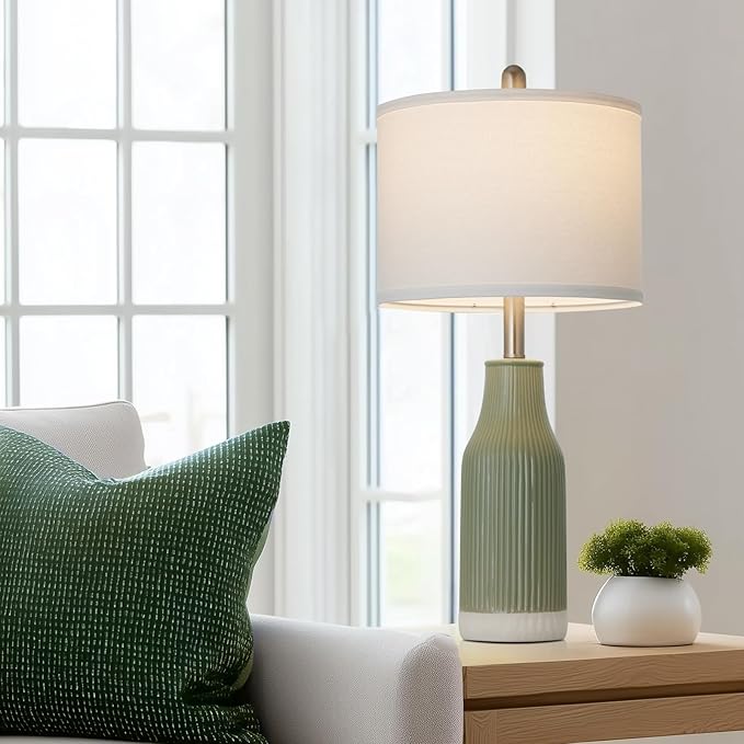 24.5" Ceramic Table Lamps Set of 2, Modern Farmhouse Bedside Lamps for Bedroom Nightstand, Small Light Green Lamp for Living Room End Table (2 LED Bulbs Included)
