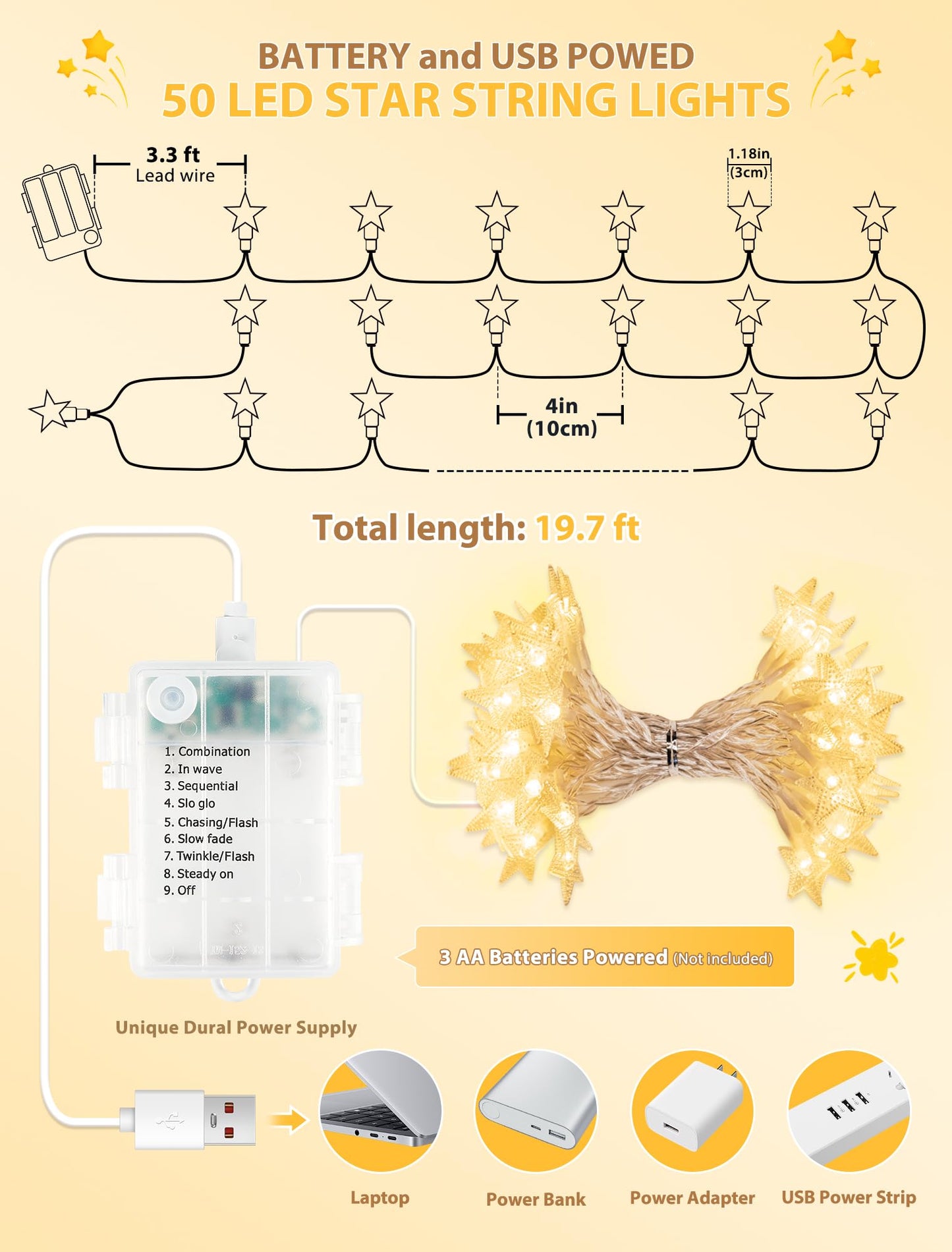 syosupviry Star String Lights Battery&USB Powered,19FT 50LED Star Fairy Lights with Remote, Hanging Star Lights for Home, Kids Tent, Bedroom,Porch, Classroom, Christmas,Party,Room Decor,Warm White