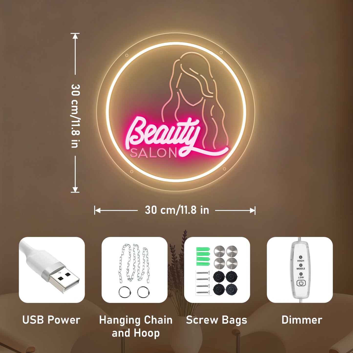 Beauty Salon Neon Sign Beauty LED Neon Light Dimmable USB Powered Adjustable Brightness Light up Sign for Spa Salon Nails Browing Waxing Room Decoration Festival Birthday Chritmas Gifts 35cm*35cm