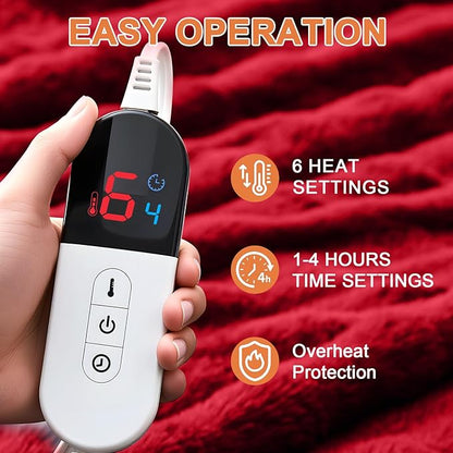 Heated Blanket Electric Throw Blanket 50''X 60''-Heating Blanket with 6 Heat Settings-4 Hours Auto Off,Cozy Faux Rabbit Fur Bubble Electric Blanket,Red
