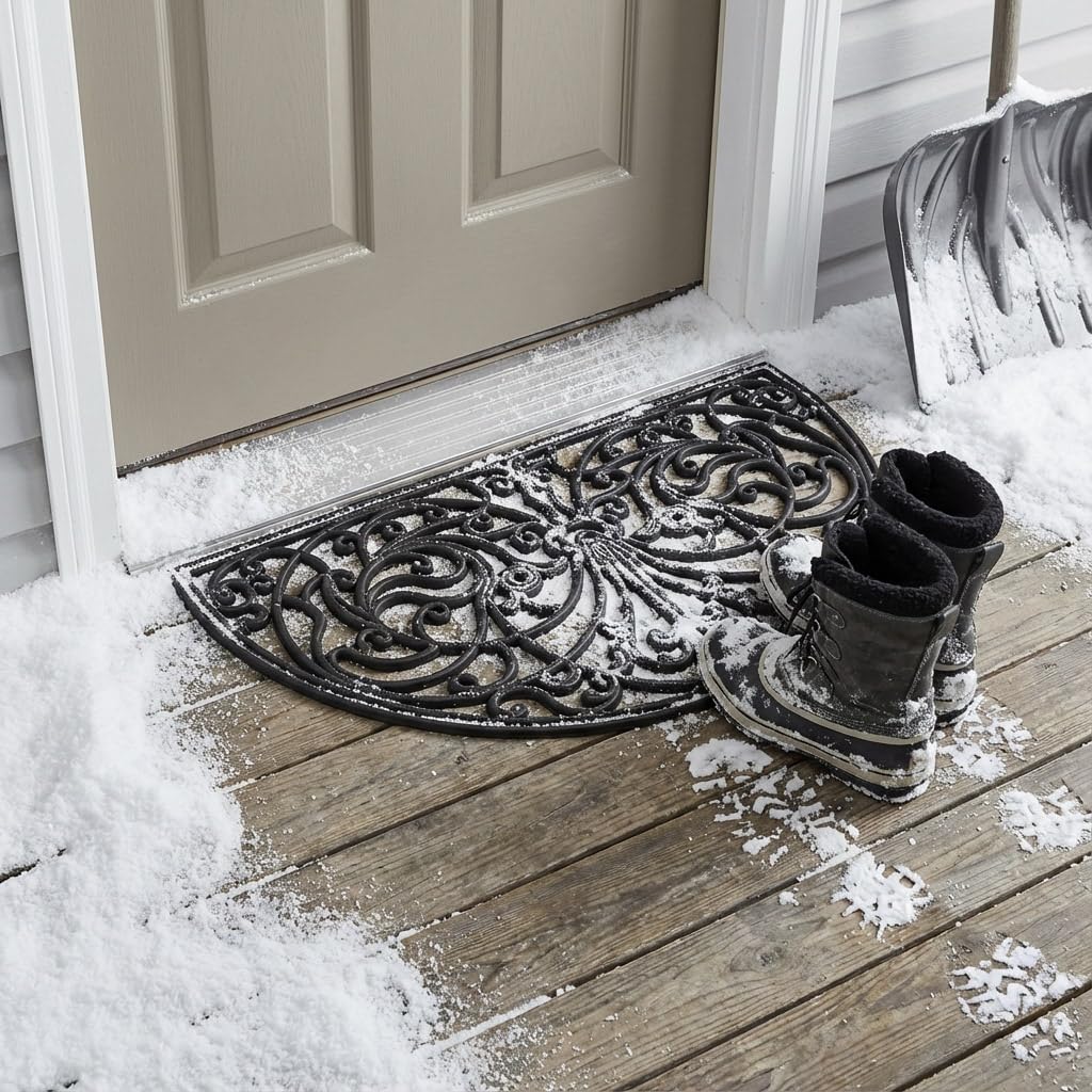 Kempf Rubber Scroll Doormat Half Moon Mat, Indoor Outdoor Entrance Mat, Low Clearance, Functional and Easy to Clean, Wrought Iron Scroll Design