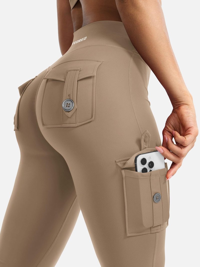 YEOREO CoreFlex Women Workout Flare Leggings with Pockets Hidden Scrunch High Waisted Cargo Gym Yoga Leggings Light Brown XXL