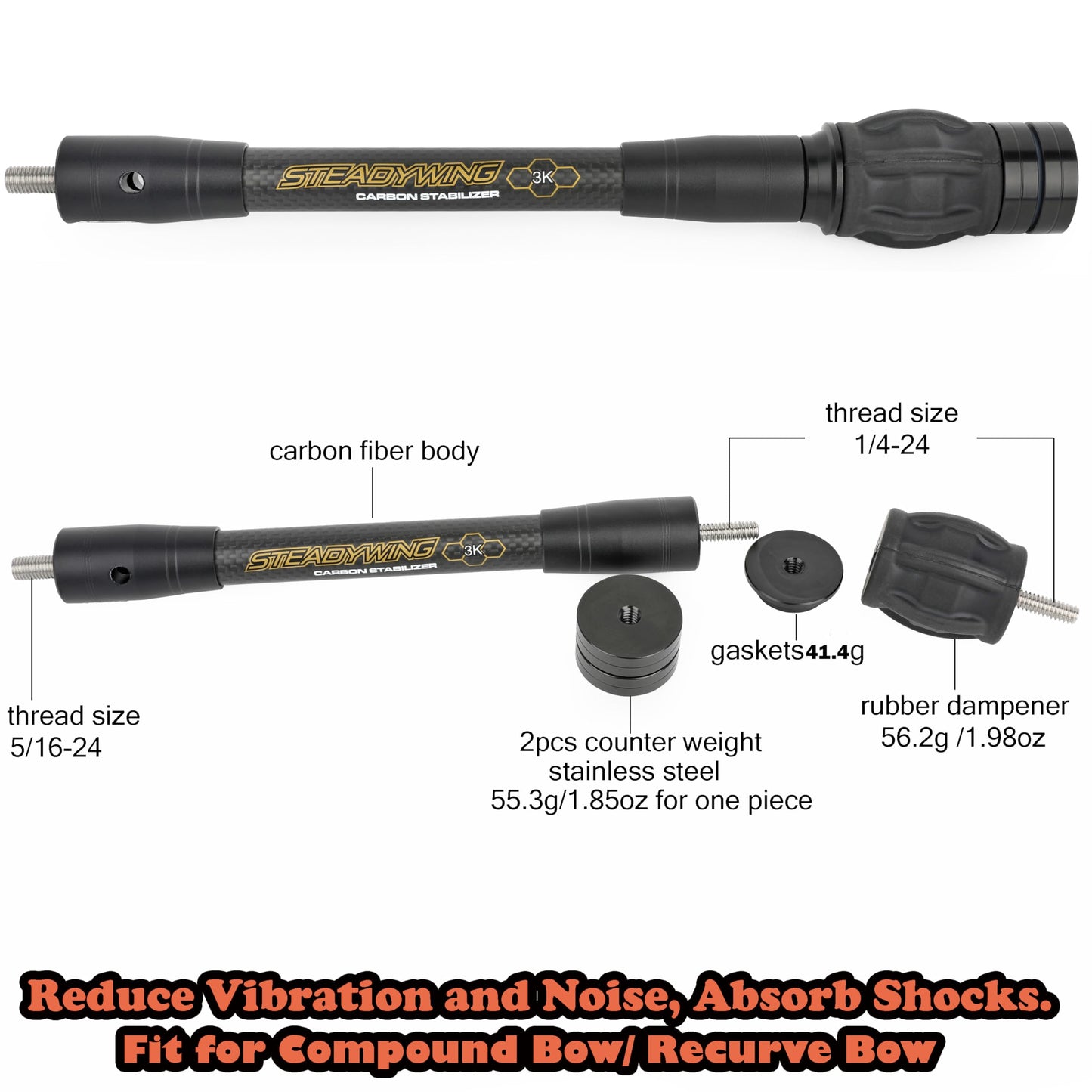ZSHJGJR Archery Bow Stabilizer 6" 8" 10" 12" 15" for Compound Bow, Carbon Fiber Body Flexible Core, Damping System and Weights Kit (6 Inch)