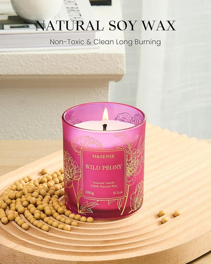 M&SENSE Floral Scented Soy Candles, Wild Peony Subtle Scented Vegan Soy Candle, 8.1oz 42-Hour Long Last Burning Time, No Toxin Bathtub Thanksgiving Christmas Date Night Romance Home Fragrance for Her