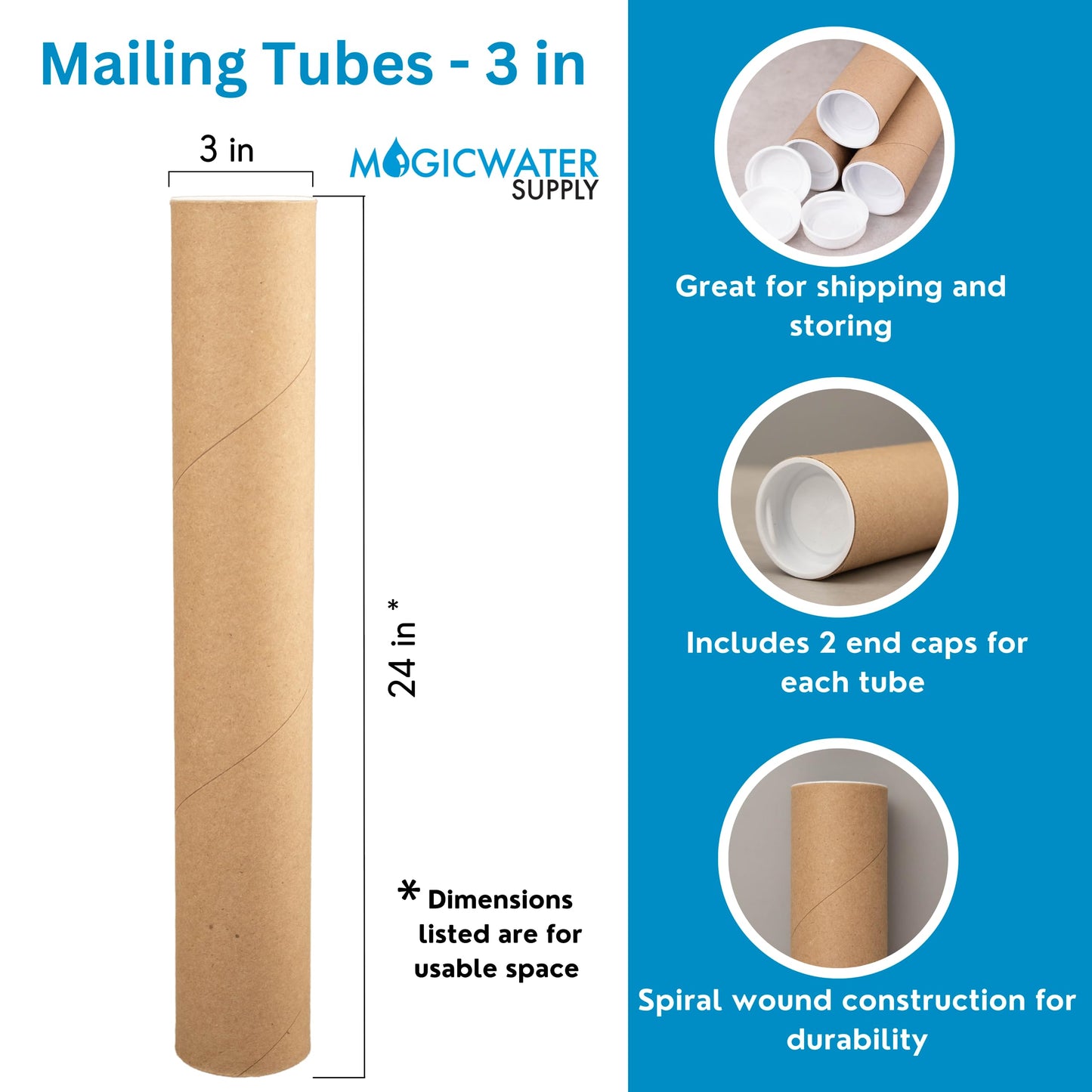 MagicWater Supply Mailing Tube - 3 in x 24 in - Kraft - 10 Pack - for Shipping and Storage of Posters, Arts, Crafts, and Documents