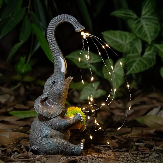 Elephant Garden Statue with Solar Watering Lights, Outdoor Resin Animal Sculpture for Patio, Lawn, Yard – Unique Gift for Women, Mom, Grandma (Dark Grey Succulents)