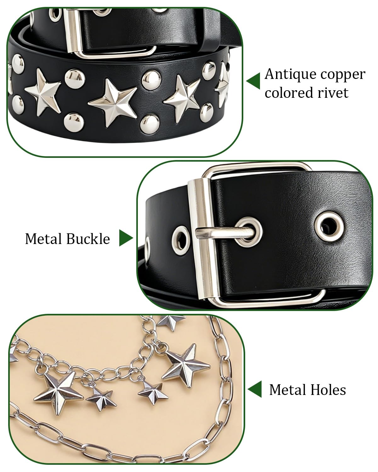 KRLBZER Y2K Star Studded Belt with Silver Star Pants Chain Punk EmoBlack Studded Belts Gothic Grunge Rock Fashion Accessory (4Pcs)