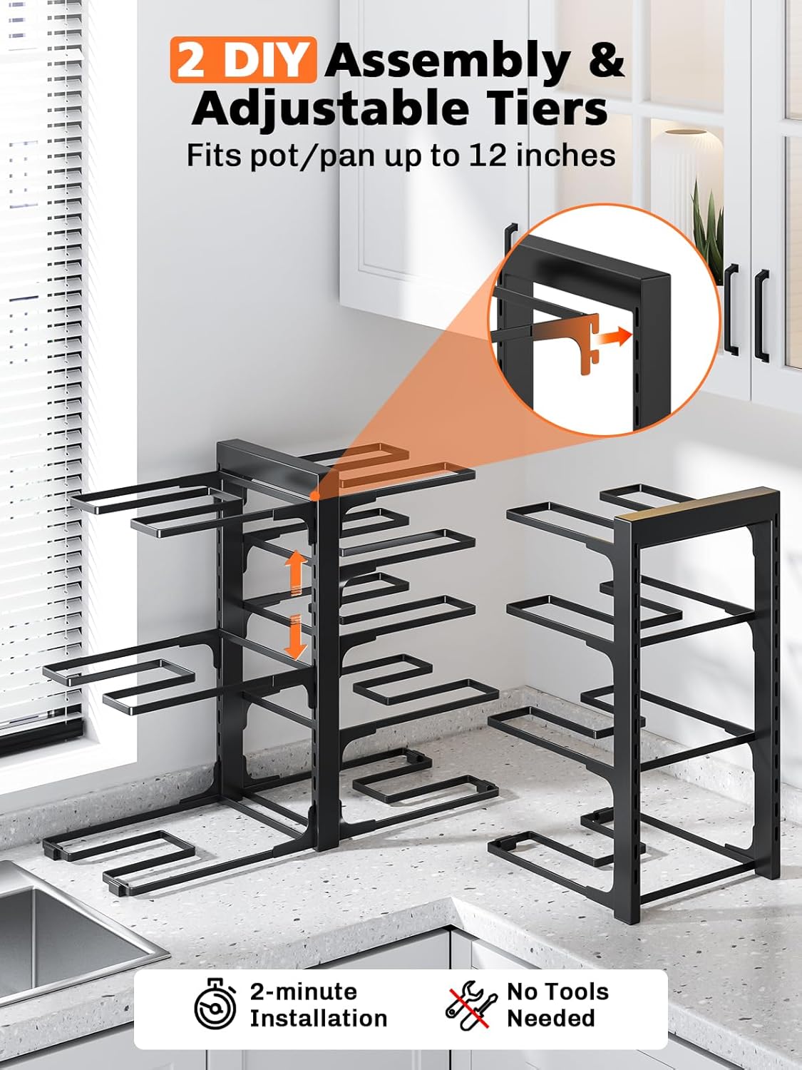 MUDEELA 8-Tier Pots and Pans Organizer under Cabinet, 15.83" Height Heavy Duty Pot and Pan Organizer Kitchen Cabinet Organization and Storage, Adjustable Pot Rack for Frying Pan, Cast Iron Skillet