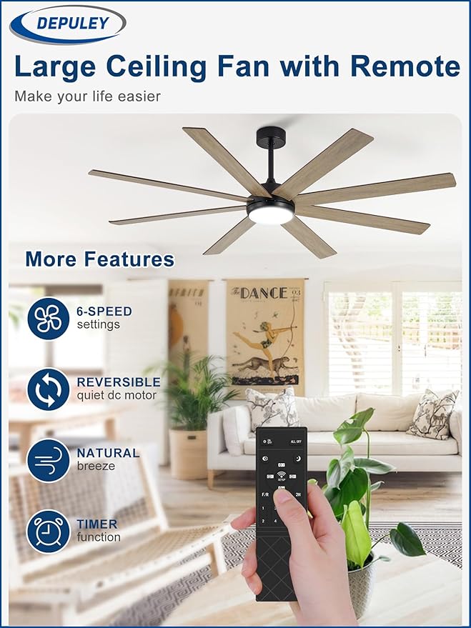 Depuley 66" Ceiling Fans with Lights: Large Indoor/Outdoor Ceiling Fan for Patios Living Room - 8 Blades Wooden Dimmable Ceiling Fans with Remote APP Control Timer Reversible Quiet DC Motor 6 Speeds