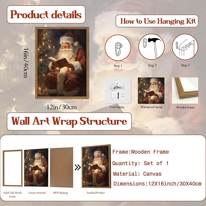 Framed Vintage Christmas Canvas Wall Art, Santa Claus Reading Book Paintings Wall Decor, Rustic Winter Holiday Pictures Prints for Living Room Bedroom Home Decoration 12×16 inch