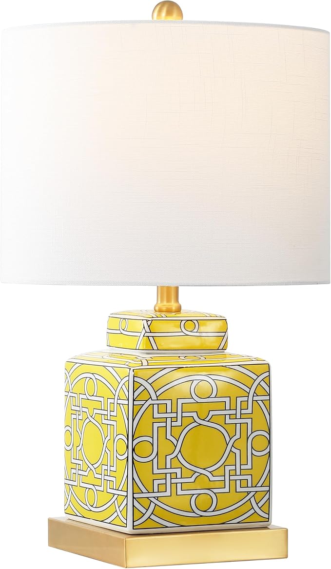 JONATHAN Y JYL3044C Catherine 22" Modern Transitional Ceramic/Metal Square Ginger Jar LED Table Lamp, Yellow/White for Bedroom, Living Room, Office, College