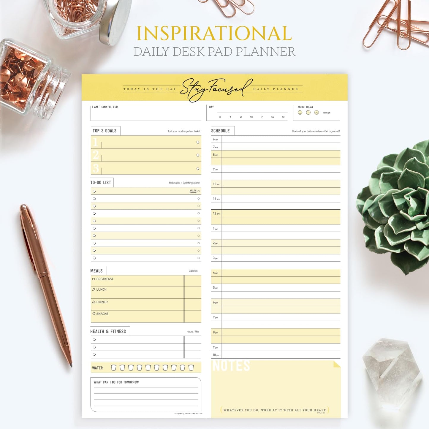 Daily Notepad Planner To Do Schedule - Stay Focused 50 Tear off Premium Made USA (Yellow Mango)