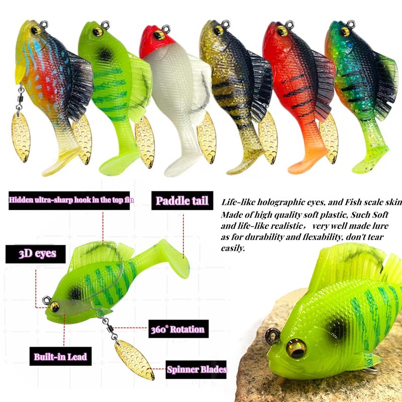 DAMIDEL 6Pcs Pre-Rigged Jig Head Soft Fishing Lures，Paddle Tail Swimbaits/3D Eyes/Spinner Blades for Bass Fishing,Hidden Ultra-Sharp Hook in the top fin,Fishing Bait for Freshwater Saltwater