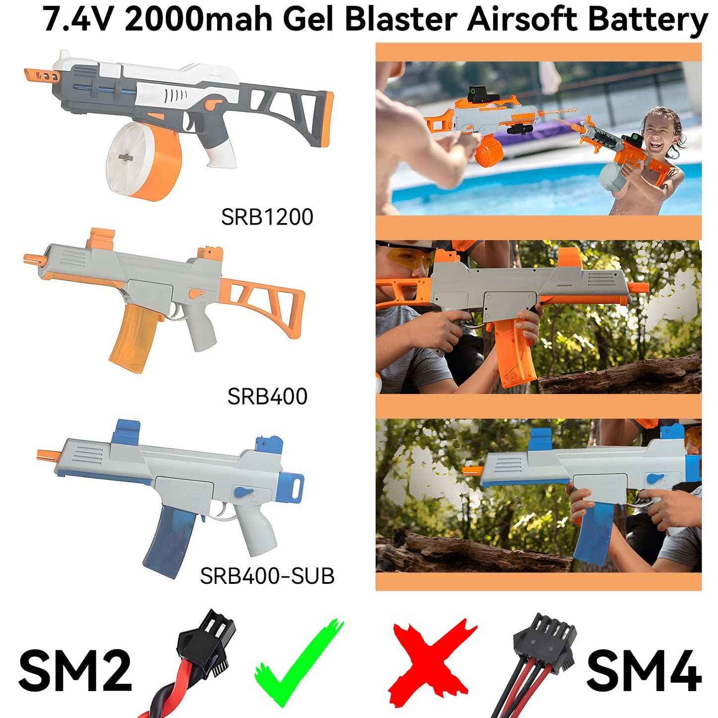 Tosiicop Airsoft Gel Blaster Battery - 7.4V 2000mAh LiPo Batteries for Splatter Ball Accessories SRB400 SRB1200 SRB400-SUB Water Bead MP5K M4 M110 with SM-2P Plug Rechargeable Charging Cable