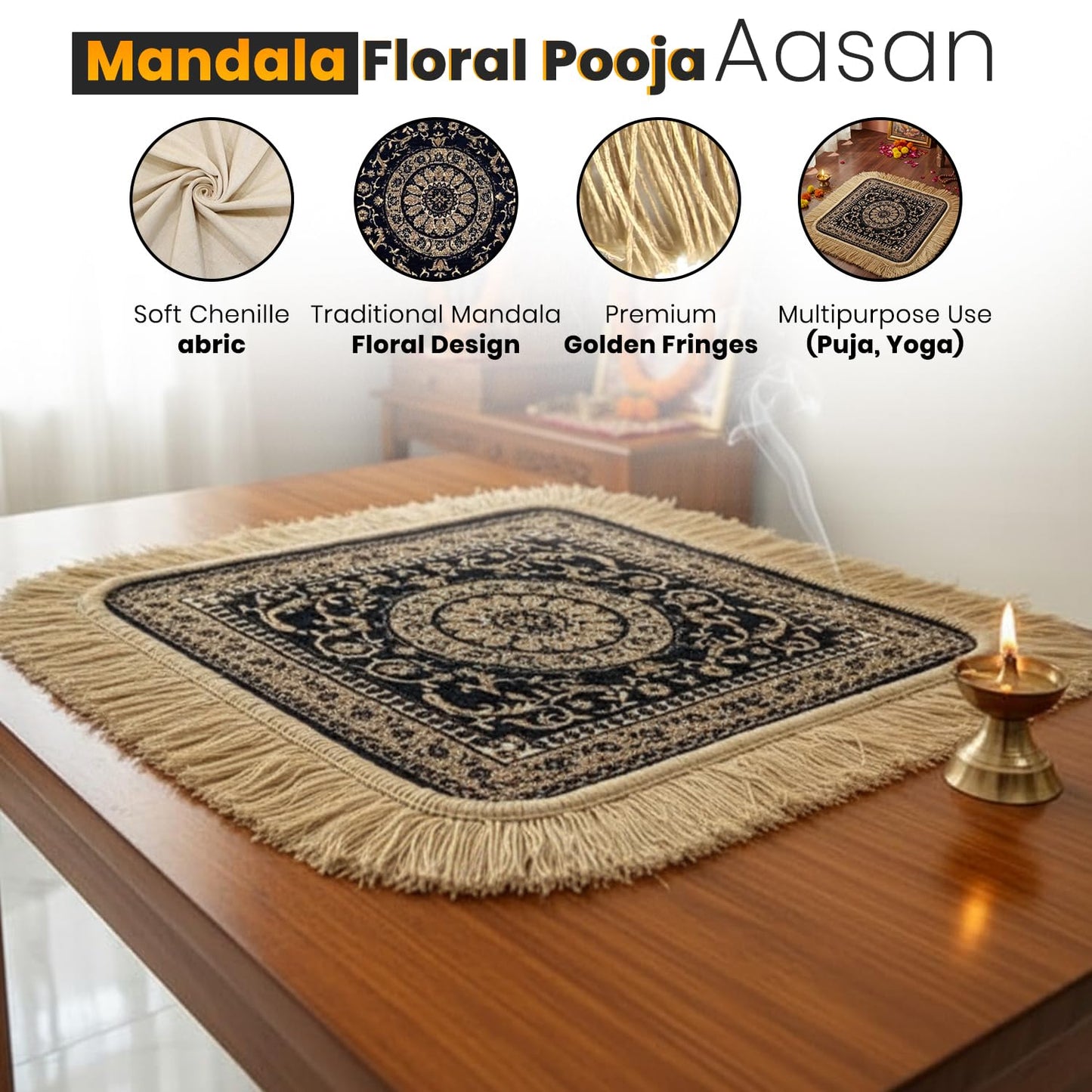 Moin Carpets Soft Chenille Prayer Mat | 1.5x1.5 Feet Traditional Mandala Floral Pooja Aasan with Golden Fringes | Multipurpose Rug for Meditation, Yoga, Puja Room & Home (Pack of 2, Navy Blue)