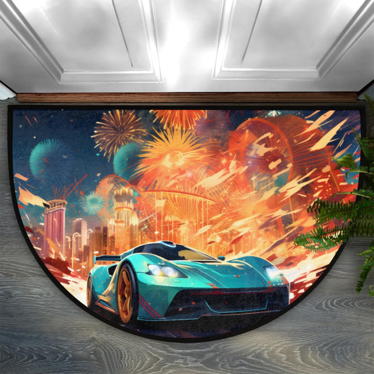 LCLJJDMBM Fireworks Race Cars Half Round Door Mat Indoor Entrance Half Moon Rug Area Rug Low Pile Non Slip Absorbent Semi Circle Welcome Mats for Kitchen Patio Home Decoration 36x24 Inch