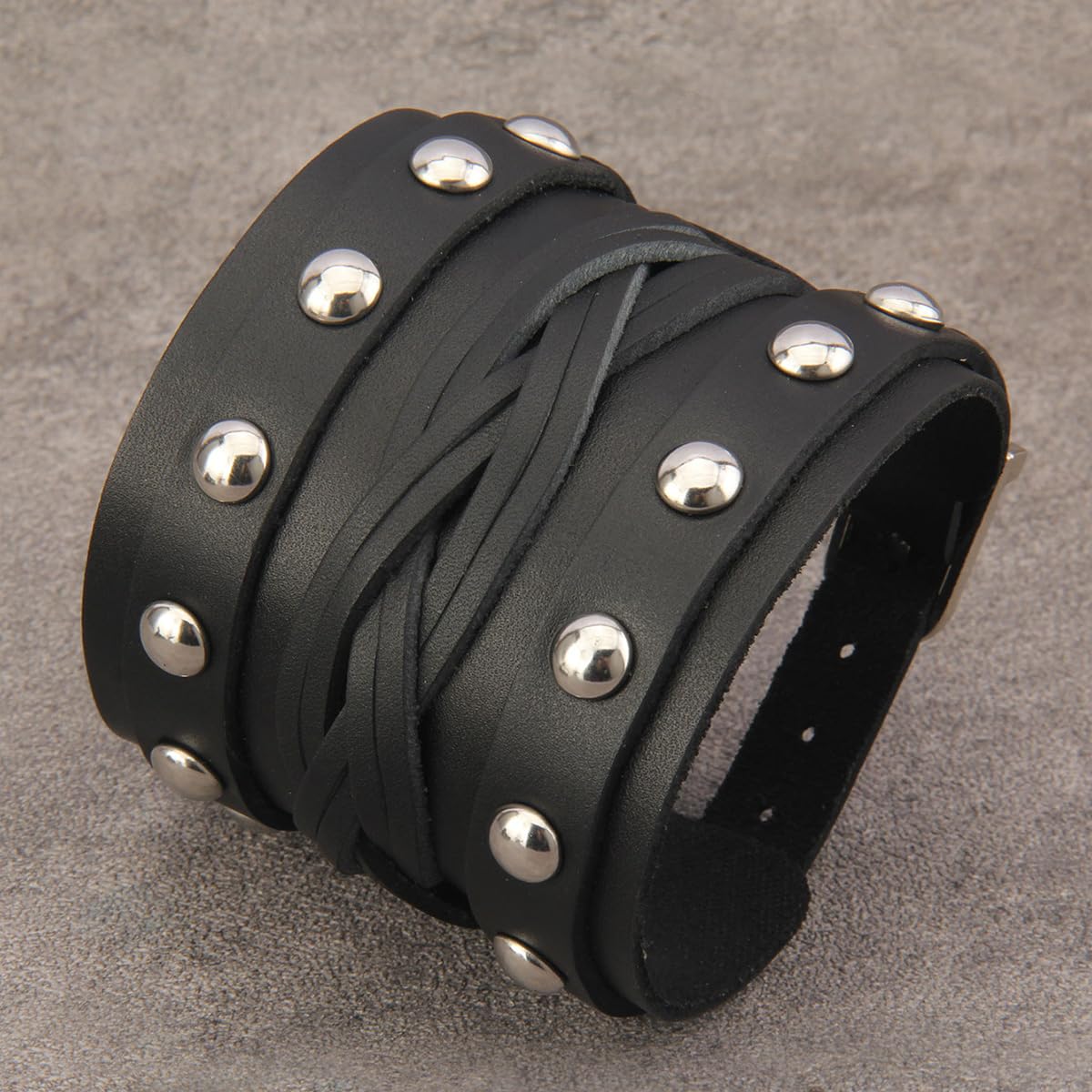 GelConnie Wide Leather Bracelet Thick Black Bracelet Leather Wrap Cuff Bracelet Mens Goth Leather Wristband Bracelet Wrist Cuffs Men