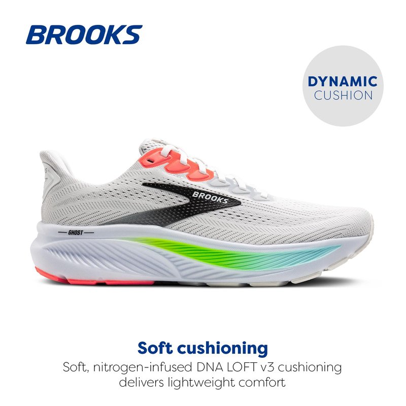 Brooks Men’s Ghost 17 Neutral Running Shoe - White/Pink Clay/Gecko - 7.5 Wide