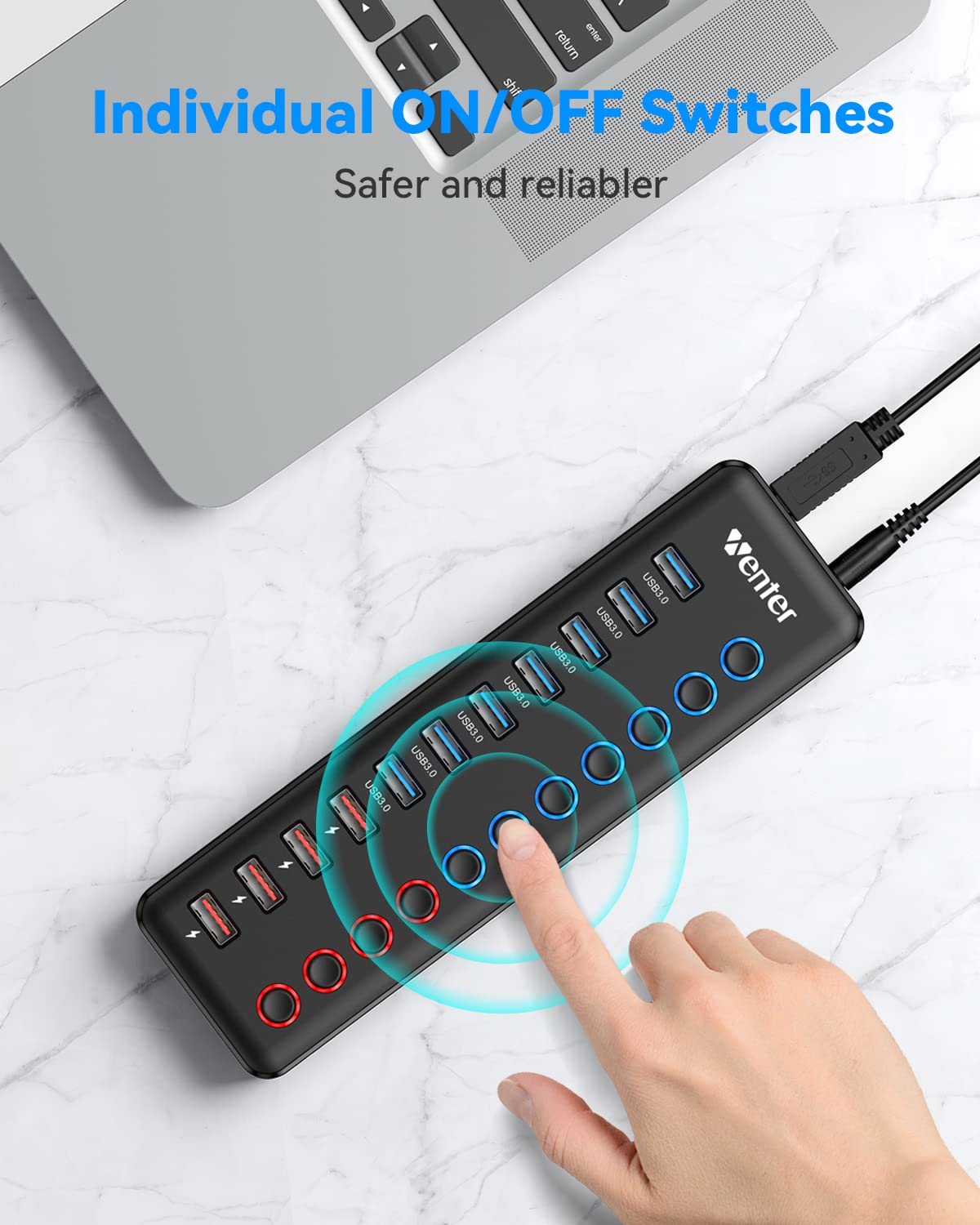 Powered USB 3.0 Hub, Wenter 11-Port Hub Splitter (7 Faster Data Transfer Ports+ 4 Smart Charging Ports) with Individual LED On/Off Switches, Power Adapter for Mac, PC