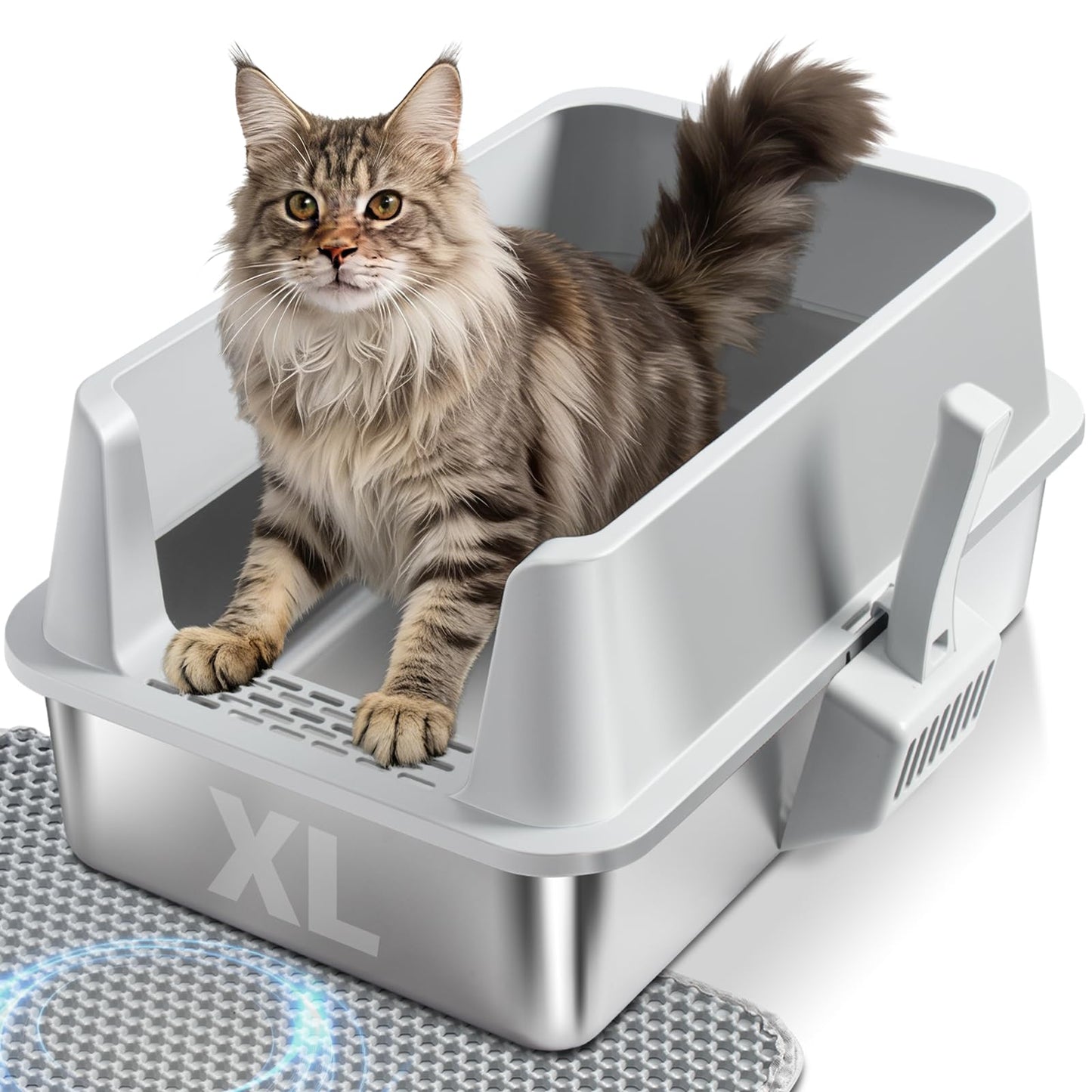 Stainless Steel Cat Litter Box, Extra Large XL Metal Litter Box with High Sides Lid, Never Absorbs Odors, Anti-Urine Leakage, Non-Sticky, Include Littter Mat & Scoop