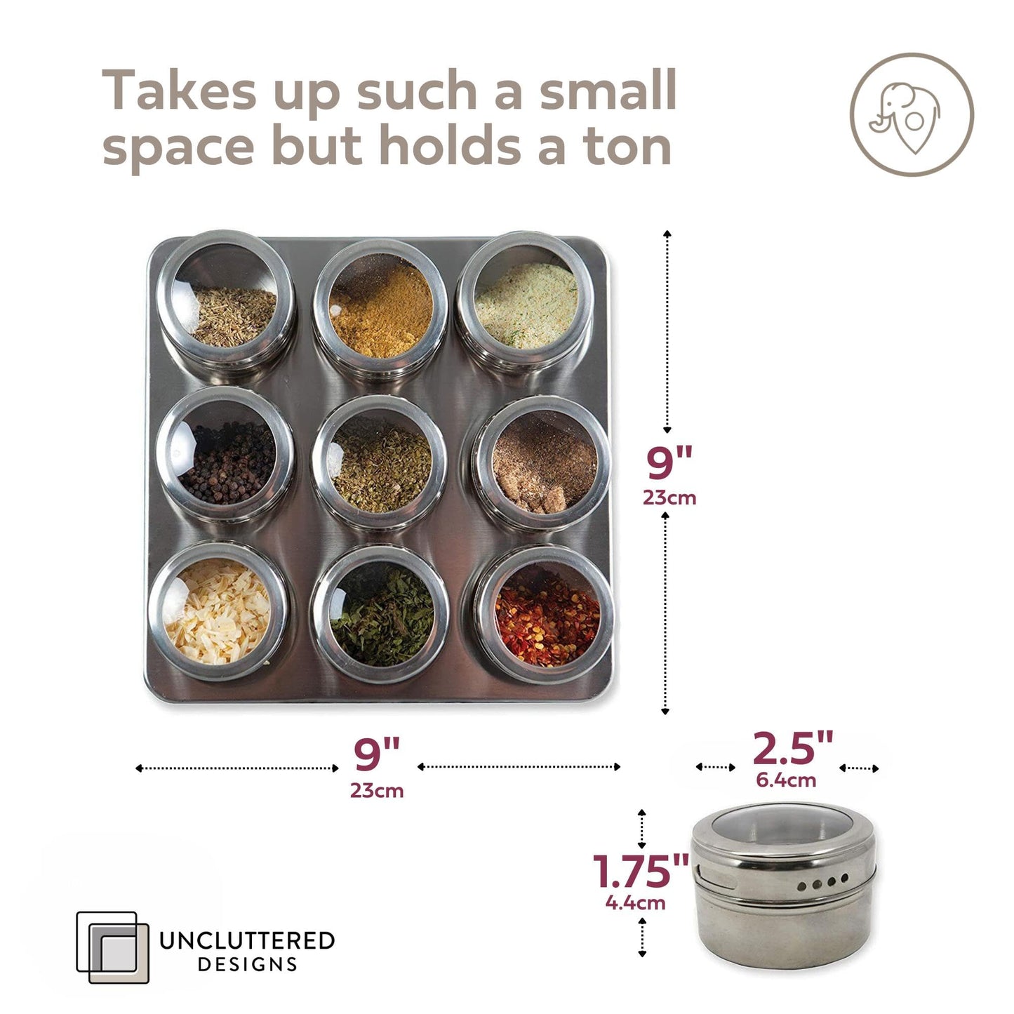 Uncluttered Designs Intergalactic Spice Rack Set With Magnetic Jars, Stand and Wall Mount (9 Tin)