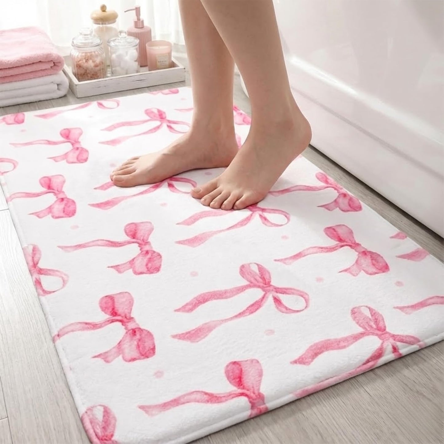 HAIWAOO Memory Foam Bath Mat with Pink Bow Pattern, Comfortable, Soft, Non-Slip, Super Absorbent, Quick Drying Bath Rug for Bathroom,Floor, Tub & Shower, Machine Washable (32INX20IN, Bow)