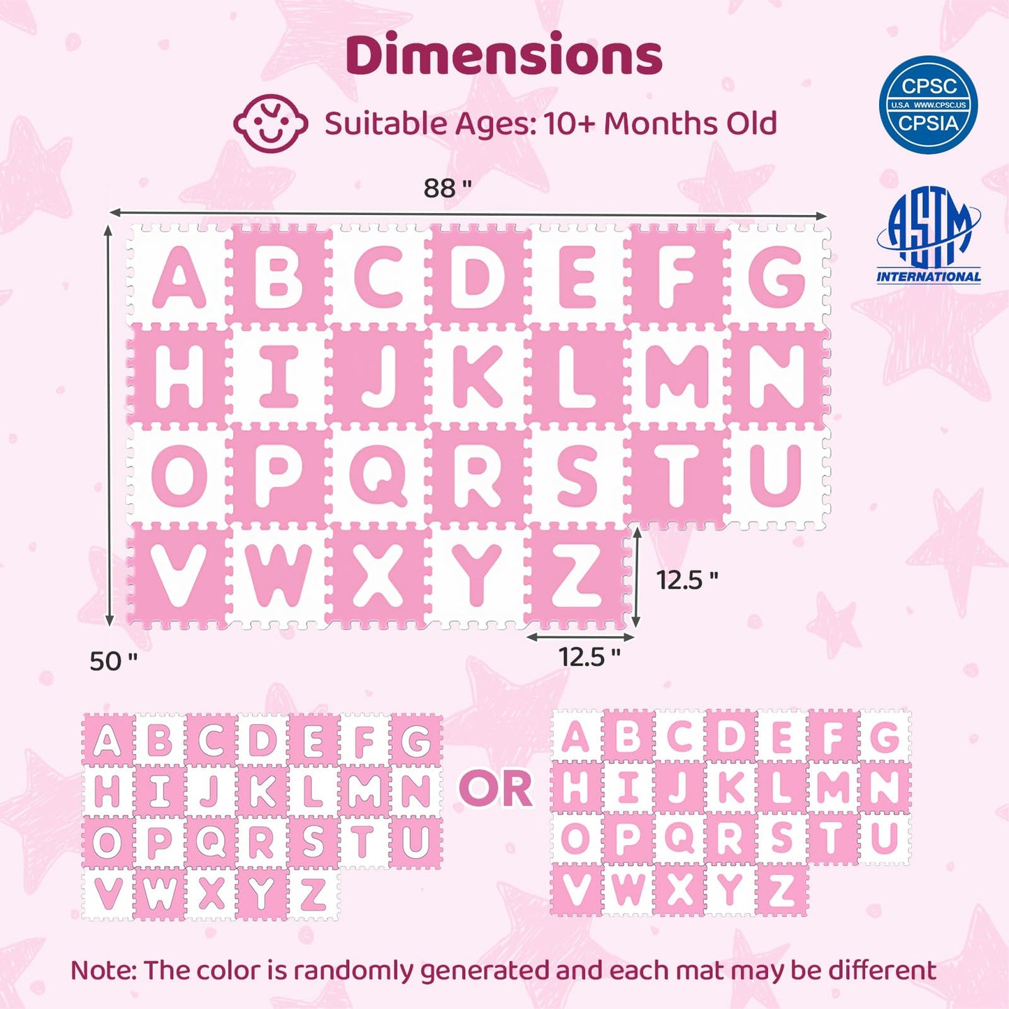 HONEY JOY Foam Floor Tiles for Kids, 12.5” x 12.5” EVA 26-Piece Interlocking Alphabet Puzzle Play Mat, Non-Slip Large Soft Carpet Rug, Easy to Clean, for Baby Crawling Exercise, Playroom (Pink)