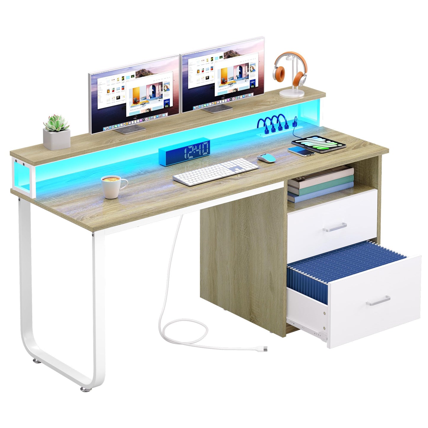 DWVO Computer Desk with Drawers, 47.2" Office Desk with Power Outlets & LED Light, Home Office Desk with Storage Shelves, White & Oak
