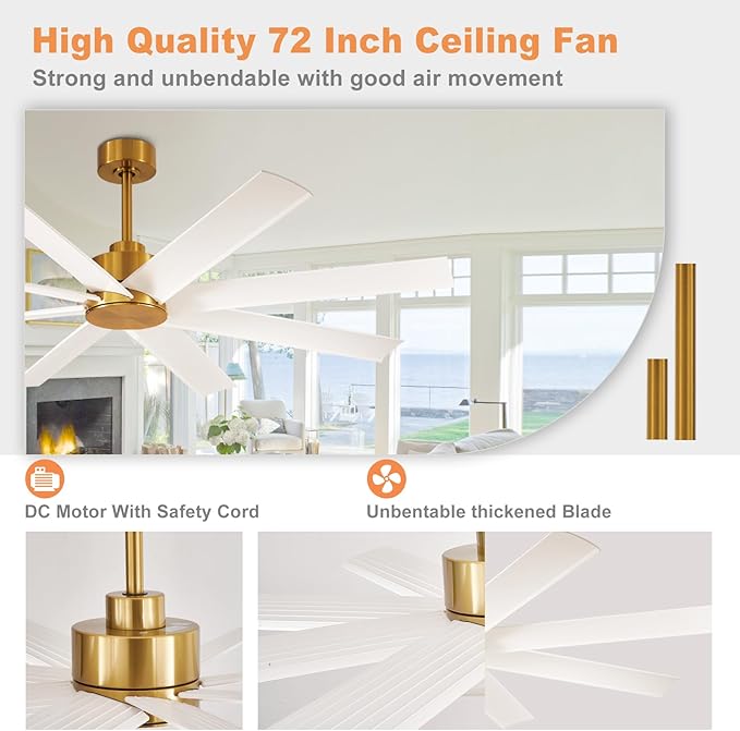 Depuley 72 inch Ceiling Fan without Light, Modern Large Ceiling Fan No Light with Remote Control, Indoor Ceiling Fans for Office Kitchen Living Room, 8 Blades 5-Speed Quiet Reversible DC Motor